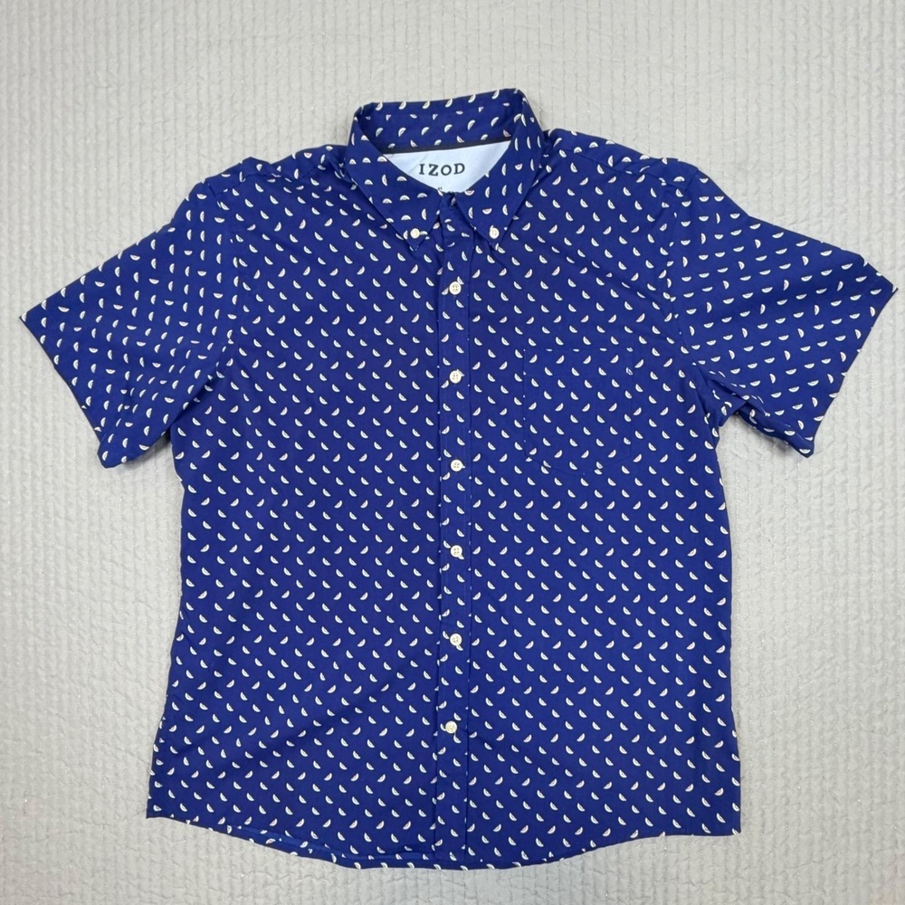 Izod Mens XL Short Sleeve Button Down Shirt Blue Watermelon Print Summer Casual